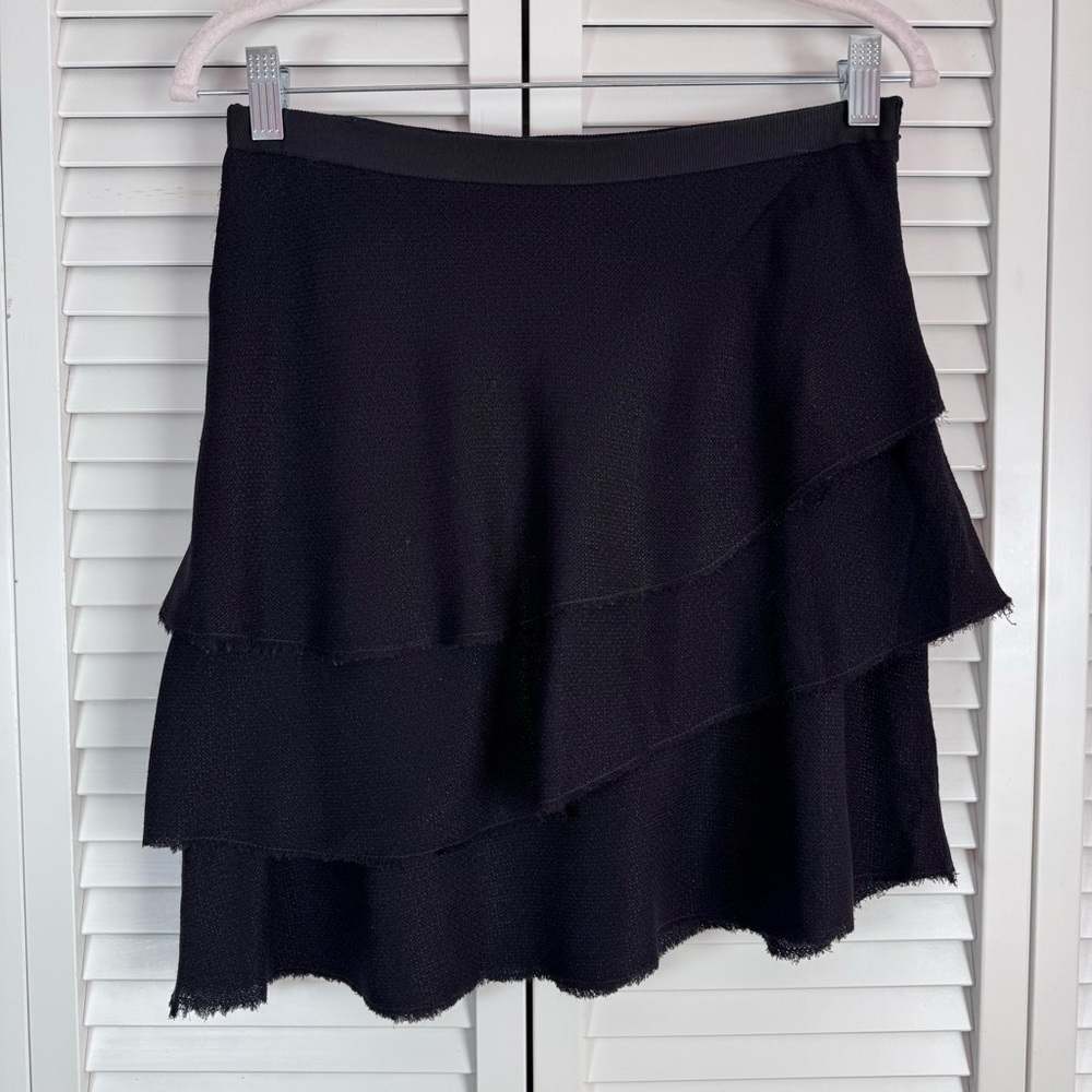 L'AGENCE Asymmetrical Ruffle Mini Black Skirt Silk Lining Raw Edges Size 1 (XS)